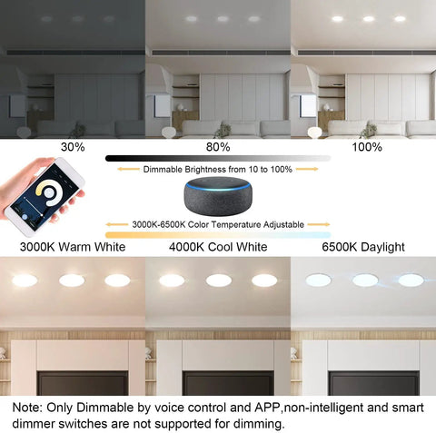 Brightness and color temperature settings comparison for Ultra Thin 11 Inch LED Recessed Light Kit 14 Pack, Dimmable 24W 6000K Neutral White Downlights With J Box.