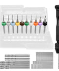 Pin Vise Hand Drill Set With 25 HSS Micro Drill Bits And 10 PCB Mini Bits for arts and crafts projects, shown with drill and bits.