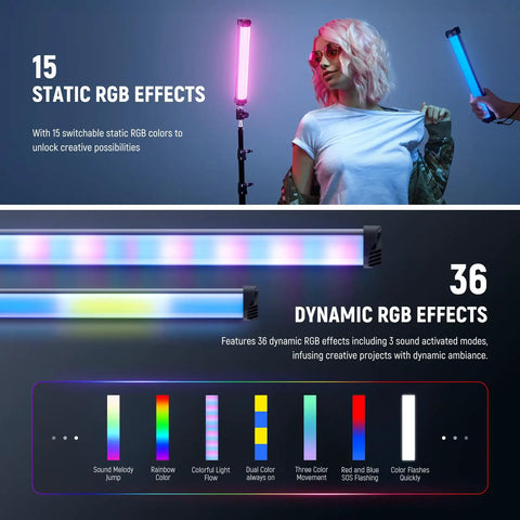 Basics 12 Inch Magnetic RGB Light Wand Dimmable 8W LED With 51 RGB Modes demonstration with static and dynamic effects.