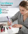 Woman using 12 Speed Cordless Nail Drill With LED Display For Gel Removal And Manicure Shaping Pro Grade Nail File at home, purple
