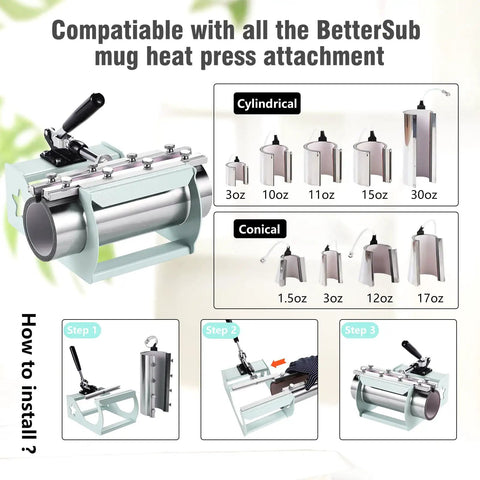 5 In 1 Heat Press Machine For T Shirts, Mugs, Hats, Plates And Tumblers With 12x15 Swing Away Plate, 360 Degree Swivel, Industrial Quality Sublimation For Home Studio, Fits 30oz Tumblers, Teal Finish with BetterSub mug attachments