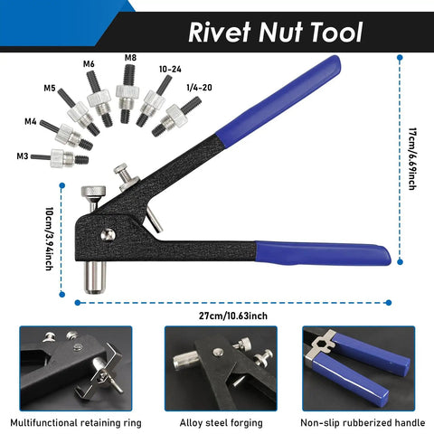 Rivet Nut Tool Kit With 7 Mandrels And 444 Rivet Nuts In Rugged Aluminum Case For SAE And Metric Sizes, shown with mandrels.