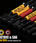 Impact Hex Head Allen Wrench Drill Bit Set 24 Piece 4 Inch Length Metric And SAE Premium S2 Steel With One Quarter Inch Hex Shank CNC Machined Magnetic Bits Includes Storage Box For Automotive And Home Projects Ideal For Auto Repairs shown with close-up of metric and SAE hex bits with precision-engineered tips.