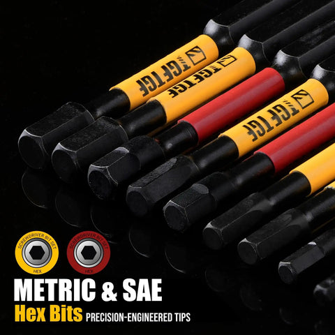 Impact Hex Head Allen Wrench Drill Bit Set 24 Piece 4 Inch Length Metric And SAE Premium S2 Steel With One Quarter Inch Hex Shank CNC Machined Magnetic Bits Includes Storage Box For Automotive And Home Projects Ideal For Auto Repairs shown with close-up of metric and SAE hex bits with precision-engineered tips.