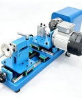 Techtongda Dual Motor Wood Lathe Combo With 750W Brushless Spindle And 450W Drilling Unit, close-up view of blue lathe with motor.