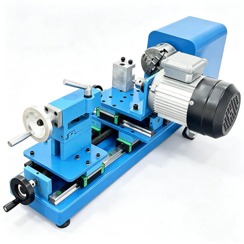 Techtongda Dual Motor Wood Lathe Combo With 750W Brushless Spindle And 450W Drilling Unit, close-up view of blue lathe with motor.