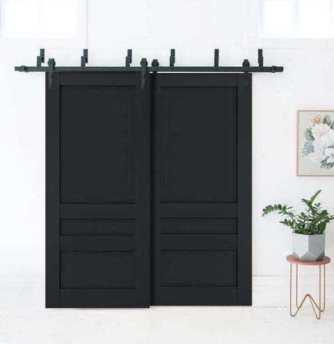 Solid Wood Bypass Barn Sliding Doors Set In Black Finish No Glass 84 By 96 Inches Classic Interior Style displayed in room