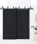Sliding Closet Barn Bypass Doors 64x96 Inches Antracite Finish With Solid Wood Panels, in a modern bedroom setting.