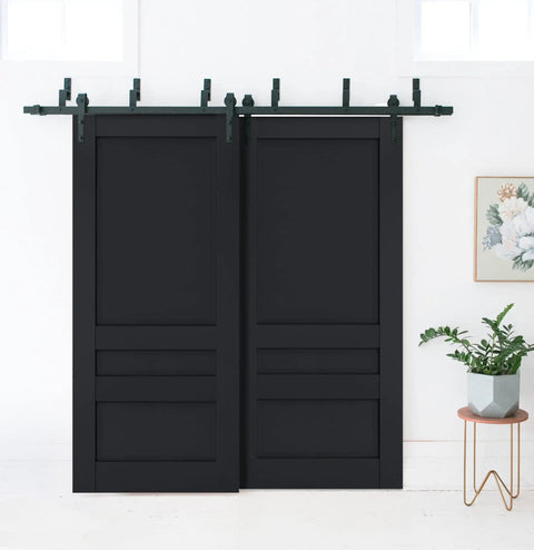 Sliding Closet Barn Bypass Doors 64x96 Inches Antracite Finish With Solid Wood Panels, in a modern bedroom setting.