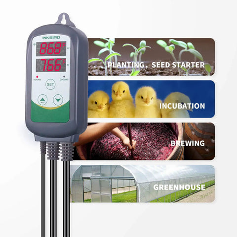 WiFi Temperature Controller ITC-308 with IHC-200 Humidity Controller for mushroom grow rooms, shown with uses like brewing and incubation