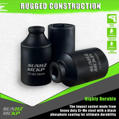Half Inch Drive Impact Socket 34mm Deep 6 Point For Axle Nut Removal CRMO Steel Heavy Duty Metric Socket with etched size
