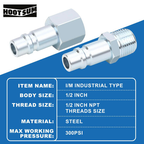 Half Inch Air Hose Fittings Set with Industrial IM Couplers and Plugs, Heavy Duty Quick Connects for Air Compressors, steel, 300 PSI