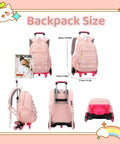 Front, side, and back views of Kids Rolling Backpack With Wheels Trolley School Bag For Girls And Boys, showing size dimensions.