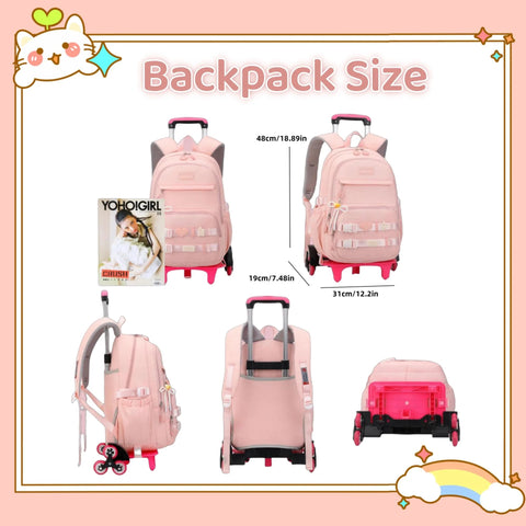 Front, side, and back views of Kids Rolling Backpack With Wheels Trolley School Bag For Girls And Boys, showing size dimensions.