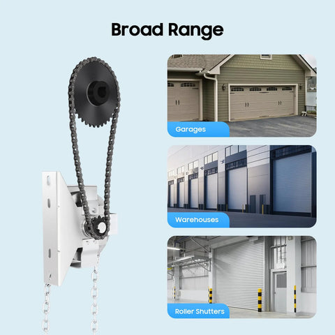 FXEIPOL garage door chain hoist, front view, white housing with black sprocket and hanging chains
