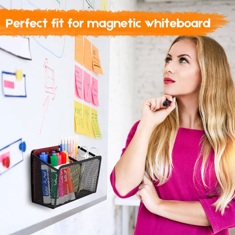 Magnetic Pencil Holder With Extra Strong Magnets Mesh Marker Organizer For Whiteboards Refrigerators And Lockers Black Finish