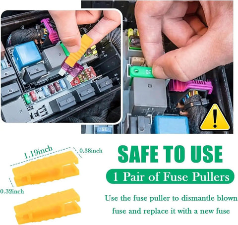 Auto Fuse Assortment Kit With Standard, Mini And Low Profile Blade Fuses, 306 Pieces In Box For Easy Car Electrical Repairs And Quick Replacement, Great For DIY Garage And Shop Projects Keeps Your Fuse Box Organized In A Sturdy Box, showing a hand using a fuse puller.
