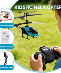 Child playing with Gesture Sensing Indoor Flying Helicopter With Colorful LED Lights, showing packaging, manual, and USB cable.