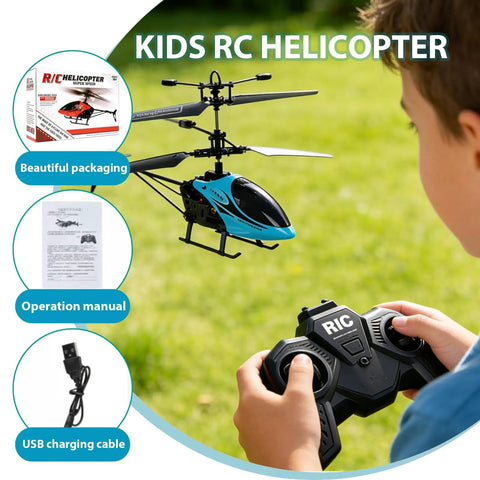 Child playing with Gesture Sensing Indoor Flying Helicopter With Colorful LED Lights, showing packaging, manual, and USB cable.