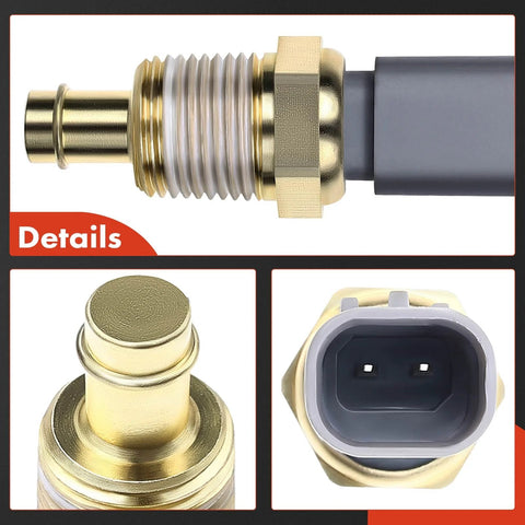 Three views of A-Premium engine coolant temperature sensor: brass threaded body, tip close-up, gray 2-pin connector.