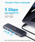 5 In 1 USB C Hub With 4K HDMI, 5Gbps USB C Data, Two 5Gbps USB A Ports, And 100W PD In For MacBook Pro Air Dell And More shown connected to laptop