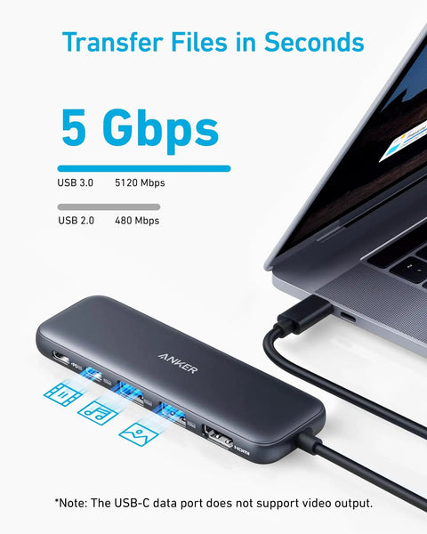 5 In 1 USB C Hub With 4K HDMI, 5Gbps USB C Data, Two 5Gbps USB A Ports, And 100W PD In For MacBook Pro Air Dell And More shown connected to laptop
