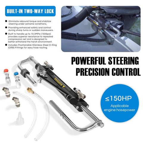 150HP Hydraulic Outboard Steering Cylinder Front Mount Replacement For Seastar HC4645H Two Way Lock Valve Beefed Up Aluminum Alloy Body With Corrosion Resistant Build For Boats Up To 150HP And Smooth Responsive Steering