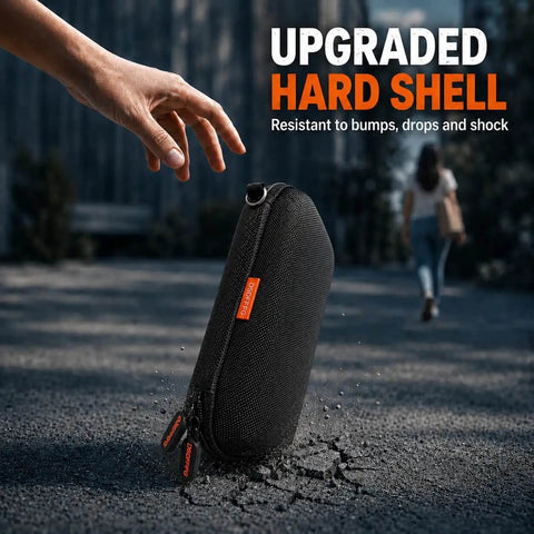 Compact Hard Shell Zipper Case For Portable Electronics Featuring Secure Lockdown Storage And Sleek Exterior, black, dropping on ground.