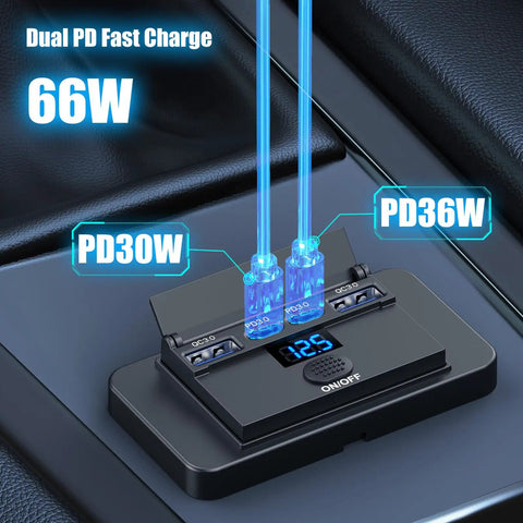 Slick 2 Pack 12V USB Outlet With Voltmeter And Four Fast Charging Ports with dual PD fast charge ports and digital display.