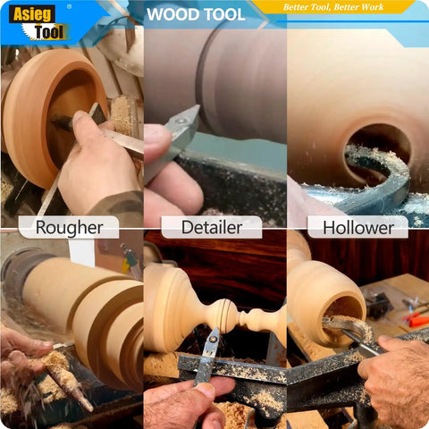 Pro Grade Wood Turning Tool 3 Piece Set For Lathe Including Rougher Detailer And Swan Neck Hollower with solid wood handles in use
