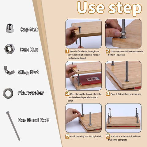 Installation steps for assembling book binding press using nuts, washers, and bolts on bamboo board with step-by-step guide.