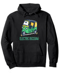 Fresh Vintage Electric Rickshaw Cartoon Pullover Hoodie With Heavy Comfort Fit Making It The Dopest Graphic Sweatshirt For Clean Streetwear Fits And Weekend Vibes. Black hoodie featuring electric rickshaw graphic.
