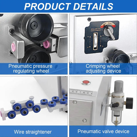 LABFENG Auto Wire Stripping And Cutting Machine For Solid And Stranded Cables Up To 6 Square showing pneumatic pressure regulator and wire straightener.