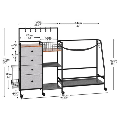 Diagram of Heavy Duty Golf Bag Storage Rack For Garage Fits 3 Full Size Bags With 4 Drawers, Side Basket And Lockable Casters, 70-Inch Tall Metal Organizer Made From Carbon Steel With Rustic Wood Panels showing detailed measurements.