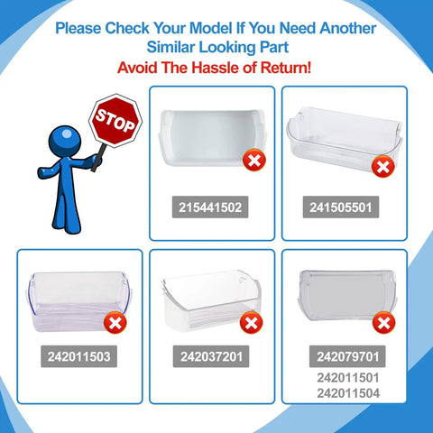 Diagram of refrigerator door bins with model numbers and warning to check compatibility, showing incorrect model examples.