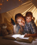 Two Pack Ultra Bright 1000 Lumen LED Flashlights used during indoor reading, woman holding flashlight, cozy atmosphere