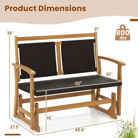 Two Person Wooden Outdoor Glider Bench With Acacia Wood Armrests And Wicker Back And Seat Rocking Patio Loveseat, dimensions shown