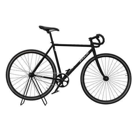 Black fixed-gear bicycle on stand for demonstration with Foldable Bike Repair Stand For Maintenance And Repairs With Adjustable Chainstay Mounts.