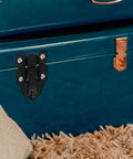 Retro Metal Toggle Hasp Latch Set With Lock Hole 6 Pack for wooden and metal boxes shown on a blue chest