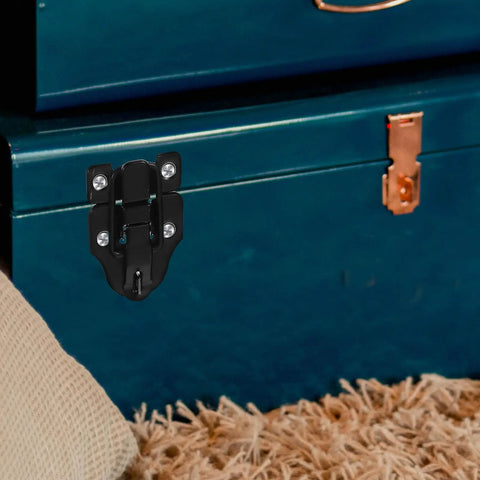 Retro Metal Toggle Hasp Latch Set With Lock Hole 6 Pack for wooden and metal boxes shown on a blue chest