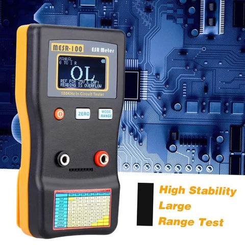 Pro Grade Capacitor ESR And Ohm Meter V2 With Auto Ranging 0.001 To 100.0 Ohms displaying reading on digital screen