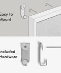 Mounting diagram and hardware for Cork Bulletin Board 18 By 24 Inches With Light Birch Wood Frame For Office Or Classroom Wall.