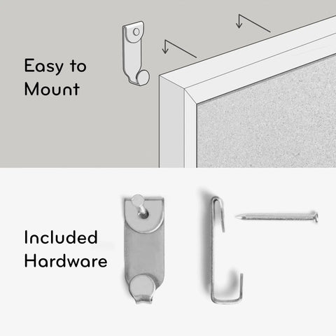 Mounting diagram and hardware for Cork Bulletin Board 18 By 24 Inches With Light Birch Wood Frame For Office Or Classroom Wall.