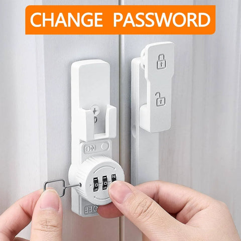 White 180 Degree Barn Door Lock With 3 Digit Keyless Password, no key needed, being set on a door, flip latch privacy lock