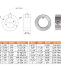 Diagram and front view of 304 Stainless Steel Shaft Collar With Set Screw Bore Quarter Inch, Outer Diameter Half Inch, Thickness Five Sixteenths Inch