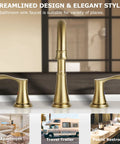 Brushed Gold Widespread Bathroom Faucet With Double Handles, Pop Up Drain And cUPC Supply Lines, Easy Install, 6 To 12 Inch Spread, Two Handle Temperature Control, Includes Mounting Hardware shown in modern setting.