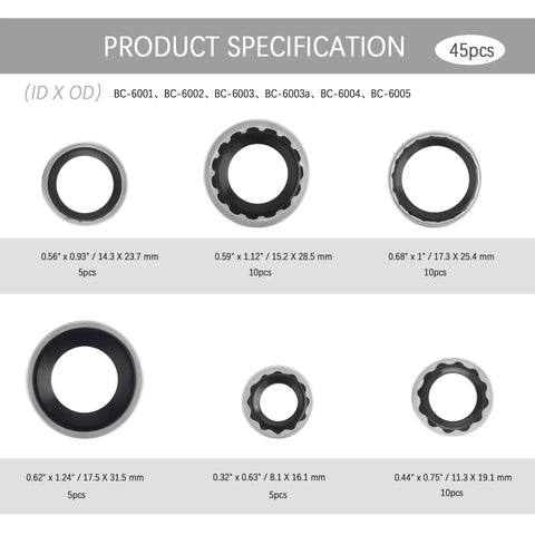 45Pcs Car AC Gasket Kit Go To AC Seal Kit For Fixing Air Conditioning Compressor Bumper Door Panel Universal O Ring Kit Car Truck SUV Accessories Must Have product specification showing various gasket sizes and dimensions.
