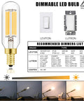 Illustration of Dimmable E12 LED Bulb 8W Equal 100W Daylight 4000K with recommended dimmers list and light settings.