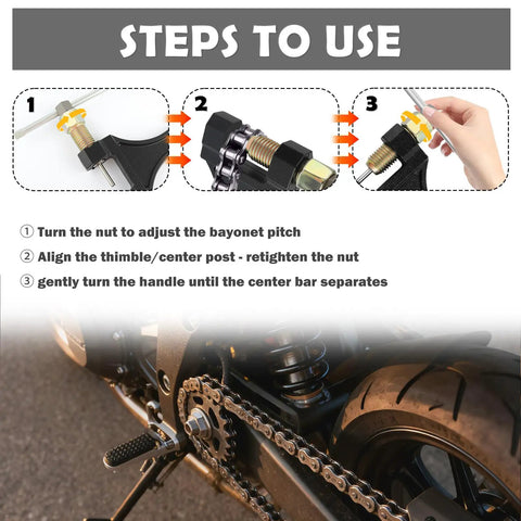 Instructions for using Beefy Heavy Duty Motorcycle Chain Breaker Tool For 530 528 525 520 428 420 Chains on a motorcycle