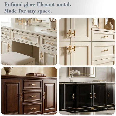 Gold Crystal Drawer Knobs Set Of Four With Jewelry Sparkle on white, brown, and black cabinets